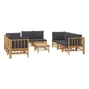 Set de sofás y mesa para jardín de 9 piezas fabricado en bambú con cojines Grises de vidaXL 3