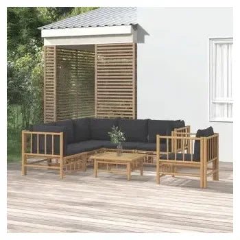 Set de sofás y silla para jardín de 7 piezas fabricado en bambú con cojines Grises de vidaXL 2