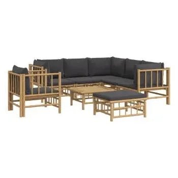 Set de sofás y silla con reposapiés para jardín de 8 piezas fabricado en bambú con cojines Grises de vidaXL 3