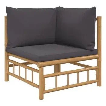 Set de sofás y mesa con reposapiés para jardín de 6 piezas fabricado en bambú con cojines Grises de vidaXL 4