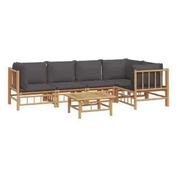 Set de sofás con mesa para jardín de 6 piezas fabricado en bambú con cojines Grises de vidaXL 3