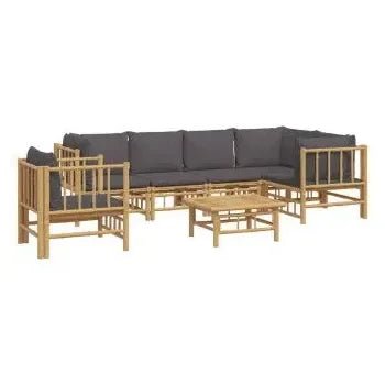 Set de sofás y silla con mesa para jardín de 7 piezas fabricado en bambú con cojines Grises de vidaXL 3