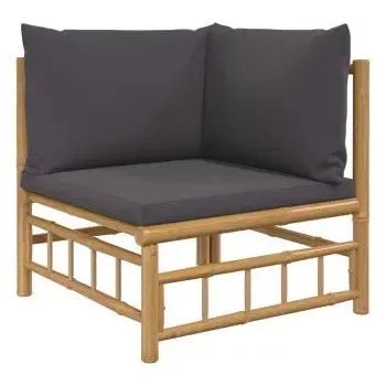 Set de sofás y silla con mesa para jardín de 7 piezas fabricado en bambú con cojines Grises de vidaXL 4
