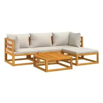 Set de sofás y reposapiés de jardín de 5 piezas fabricado en madera maciza con cojines color gris de vidaXL 3