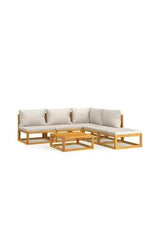 Conjunto de sofá de jardim e banco para pés de 6 peças em madeira de acácia com almofadas cinzentas claras da vidaXL