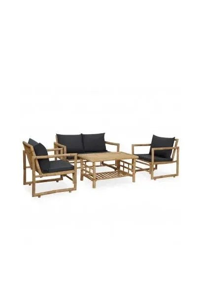 Conjunto de muebles de exterior 4 piezas de madera de bambú con cojines color gris oscuro de vidaXL