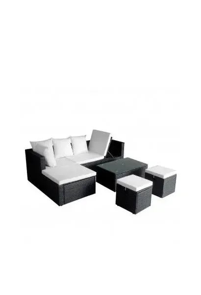 Conjunto de muebles de exterior 4 piezas de acero y ratán sintético negro con cojines Blancos de vidaXL