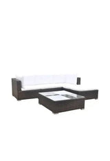 Conjunto de mobiliário de exterior em aço de vime sintético e vidro temperado com acabamento em castanho e branco creme da vidaXL