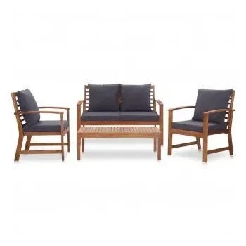 Conjunto de jardín de 4 piezas de mesa con banco y sillas de acacia y cojines gris oscuro de vidaXL 2